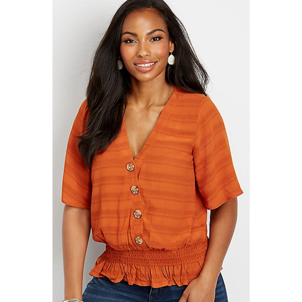 Maurices Orange Striped V-Neck Button Front Smocked Short Sleeve Top Woman Sz 2x